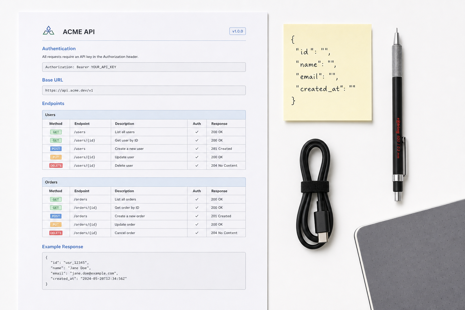 API specification sheet and endpoint documentation process
